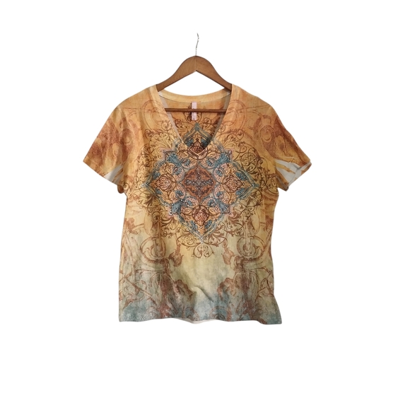 Kiara Size XL Multi Colored V-Neck Short Sleeve Embellished Boho Y2K Style Top - Picture 4 of 9
